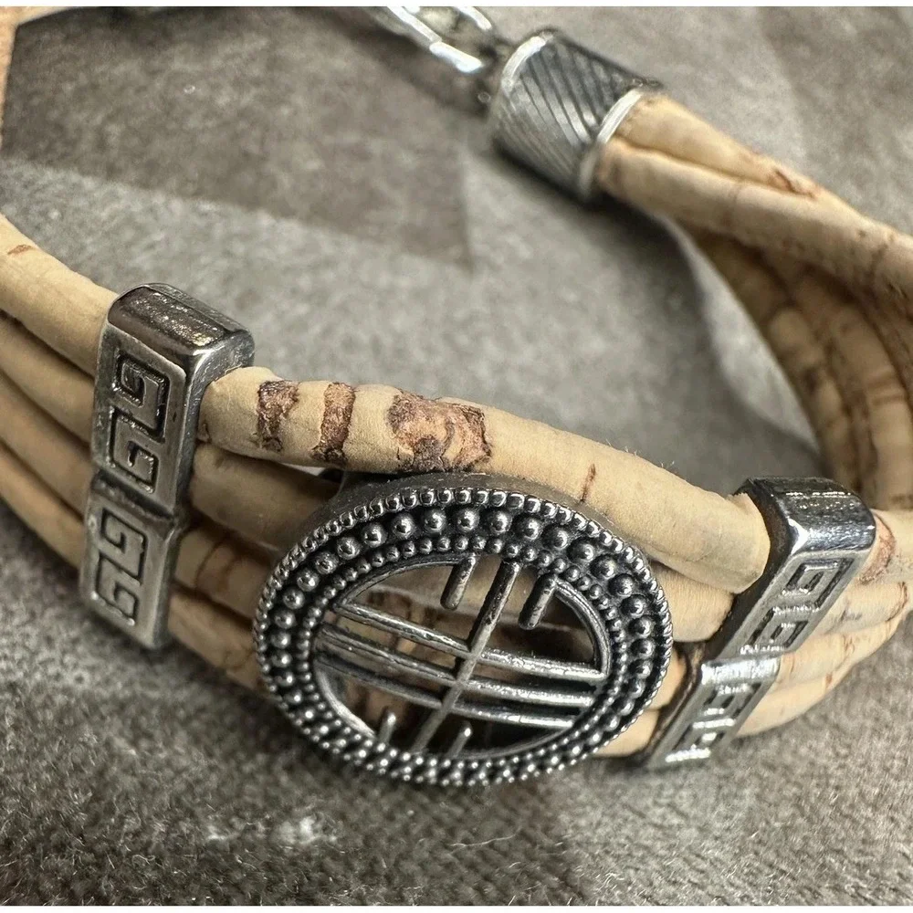 Artisan Portuguese Cork Multistrand Bracelet Greek Key Silvertone Medallion Boho